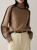 Brown turtleneck knit sweater with ribbed cuffs and collar