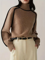 Brown turtleneck knit sweater with ribbed cuffs and collar