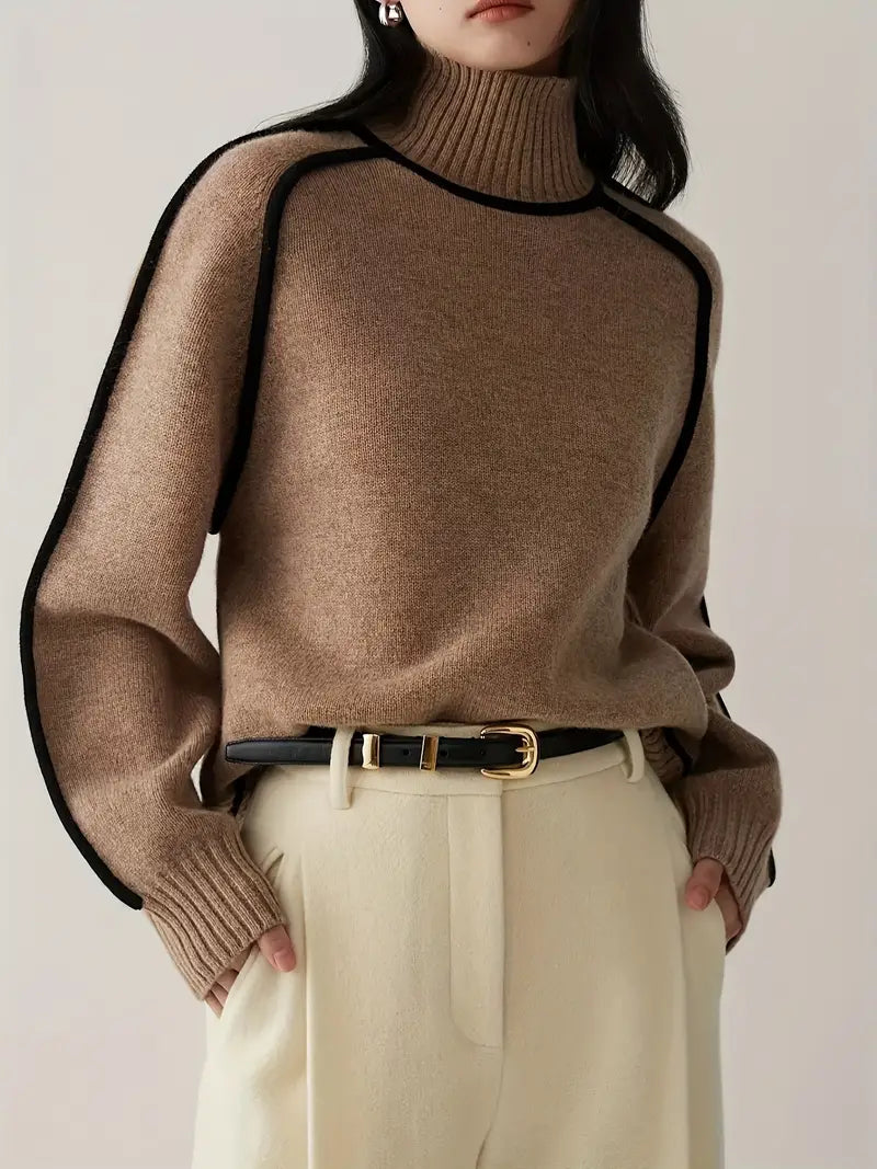 Brown turtleneck knit sweater with ribbed cuffs and collar
