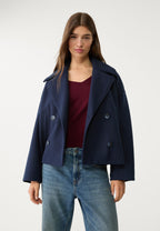 Boxy cropped double-breasted blazer in navy with notched lapels and button detail