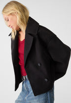 Boxy cropped double-breasted blazer in black, notched lapels and button front