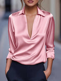Blush pink V-neck satin blouse with pointed collar and long sleeves