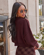 Cropped crewneck knit sweater in burgundy with wide sleeves and ribbed trim