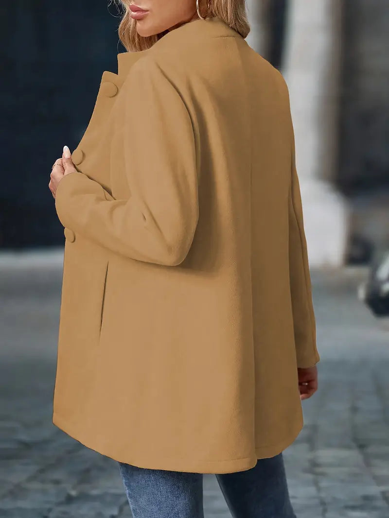 Women’s mid-length winter coat, camel, back view with stand collar