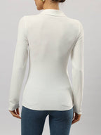 Fitted ribbed knit polo long-sleeve top in white, back view