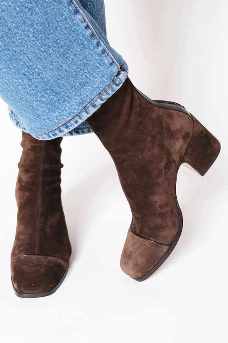 Oumani square-toe heeled suede boots, dark brown, side view with block heel