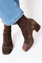 Oumani square-toe heeled suede boots, dark brown, side view with block heel