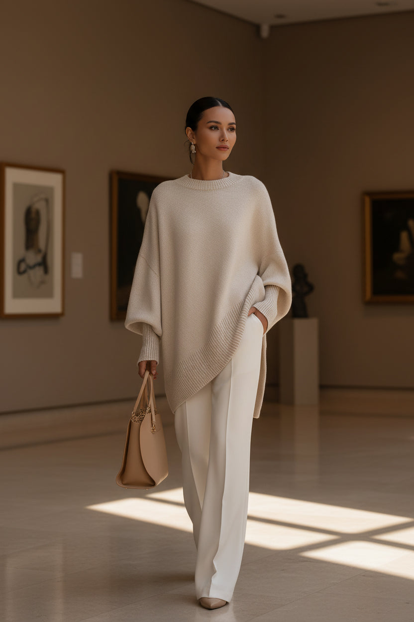 Cream oversized knit poncho with ribbed crew neck and wide folded sleeves