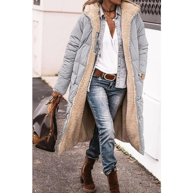 Light gray longline puffer jacket with sherpa-lined hood and open front