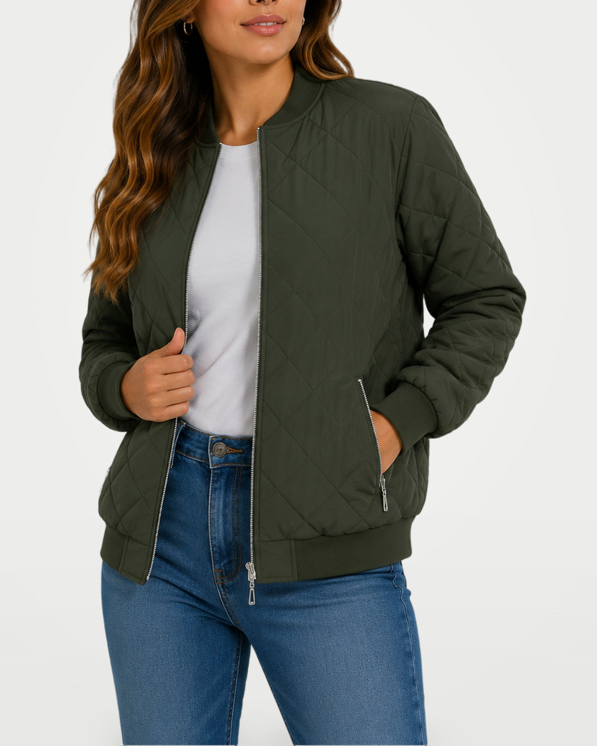Women’s quilted bomber jacket in olive green, front zipper, diamond quilting detail.
