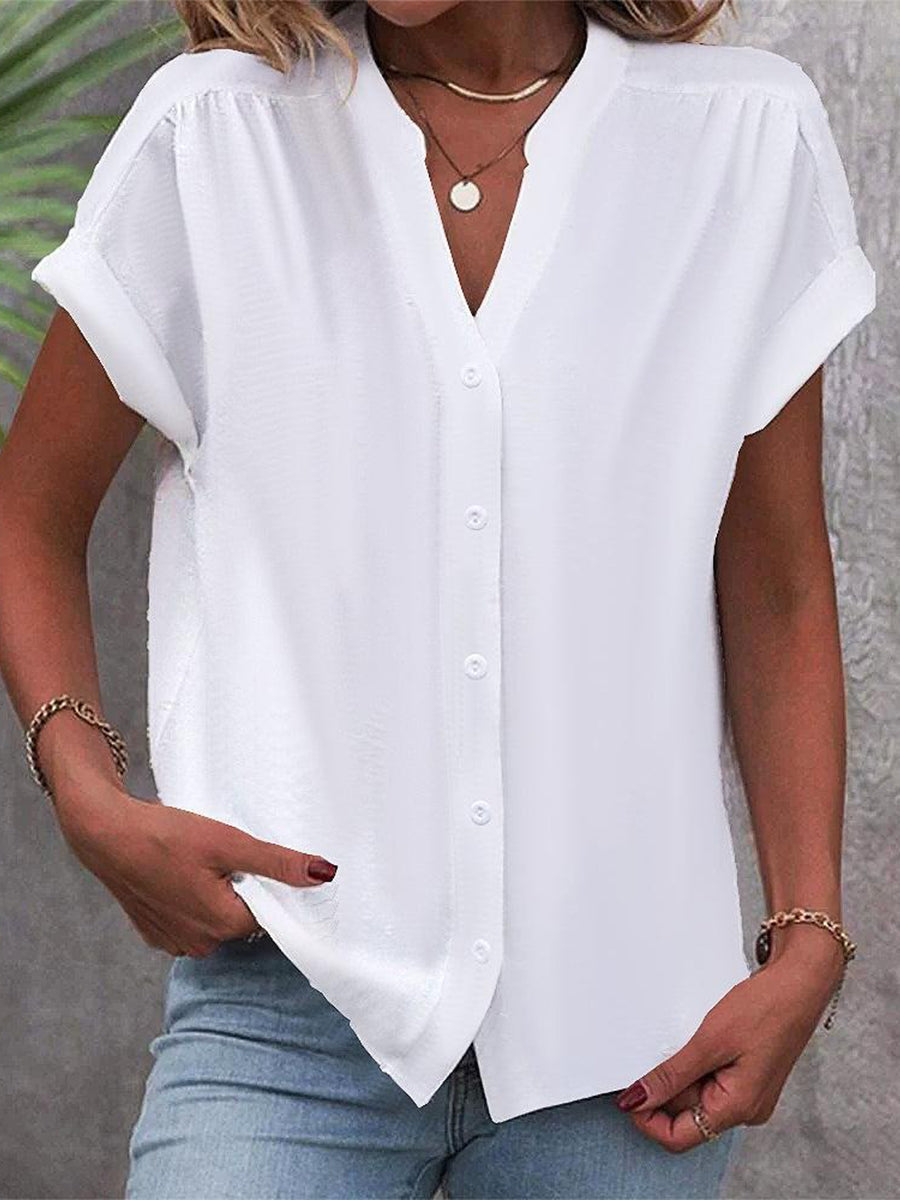 Dormia women's white short-sleeve button-front blouse with V-neck