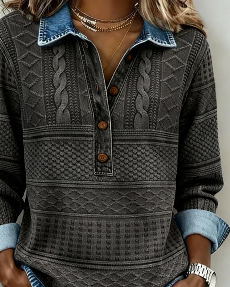 Dark gray textured half-button sweatshirt with collar and short button placket