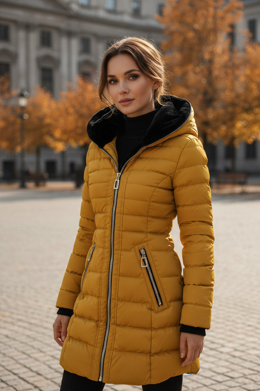 Women's long quilted hooded puffer jacket, yellow with black faux-fur hood