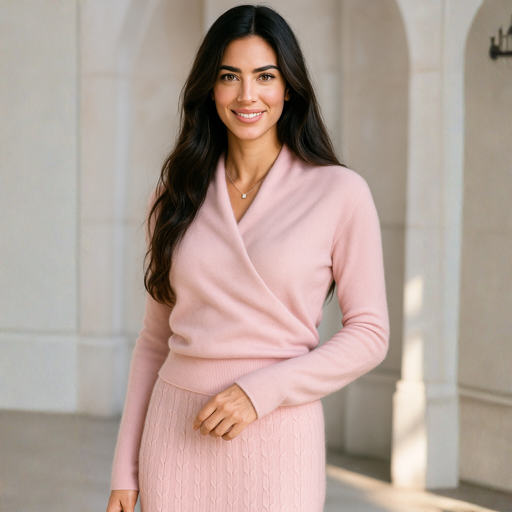 Women’s crossover collar knit sweater in dusty pink with long sleeves