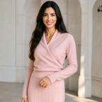 Women’s crossover collar knit sweater in dusty pink with long sleeves