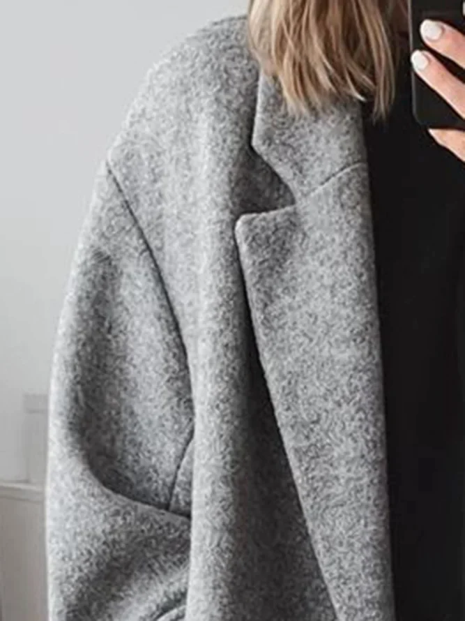 Women’s long wool-blend coat, oversized lapel and pocket flap, textured grey