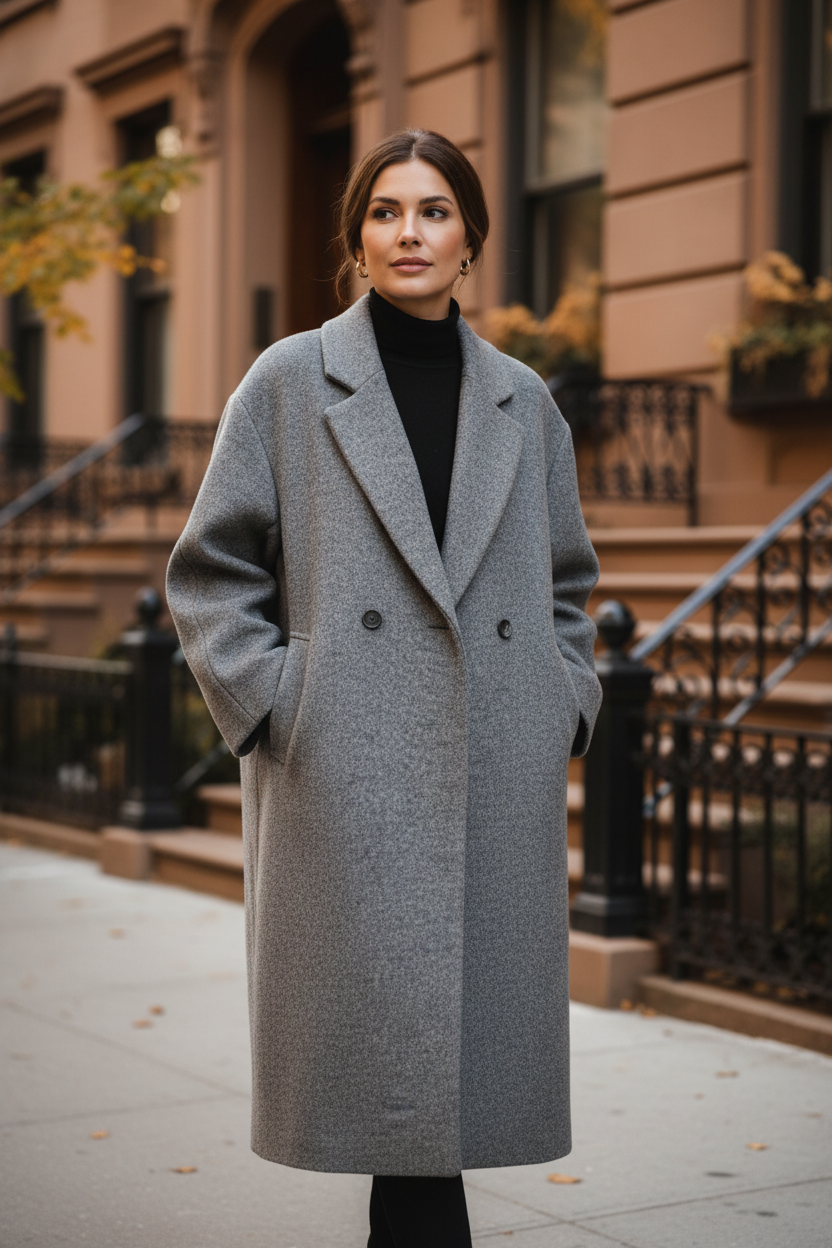 Women’s long wool-blend coat, oversized textured grey with notched lapel and buttons