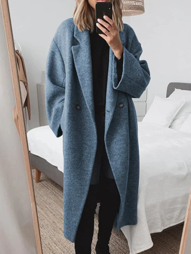 Women’s long wool-blend coat, oversized textured blue with notched lapel and buttons
