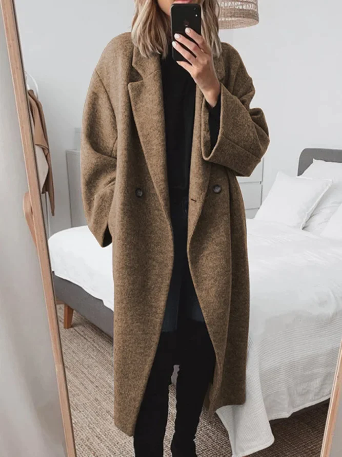 Women’s long wool-blend coat, oversized camel-brown with double-breasted buttons