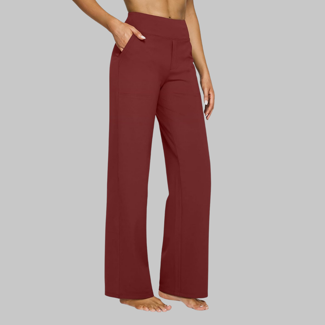Burgundy red high-waisted yoga pants with wide straight legs and smooth pull-on fit