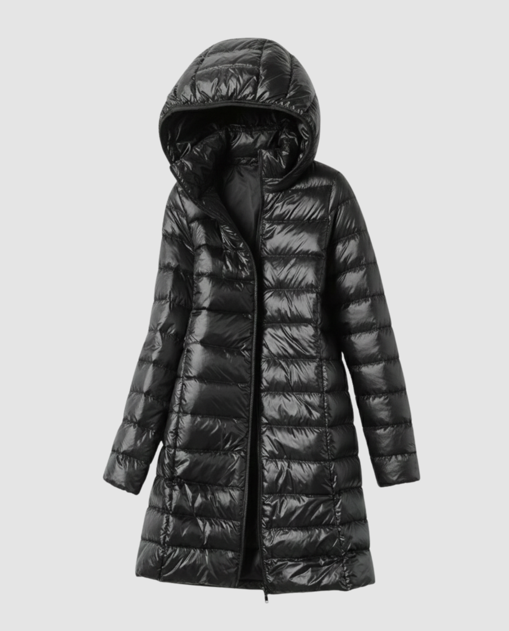 Women’s ultra-light down jacket with hood, black, longline full-zip puffer