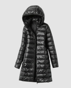Women’s ultra-light down jacket with hood, black, longline full-zip puffer