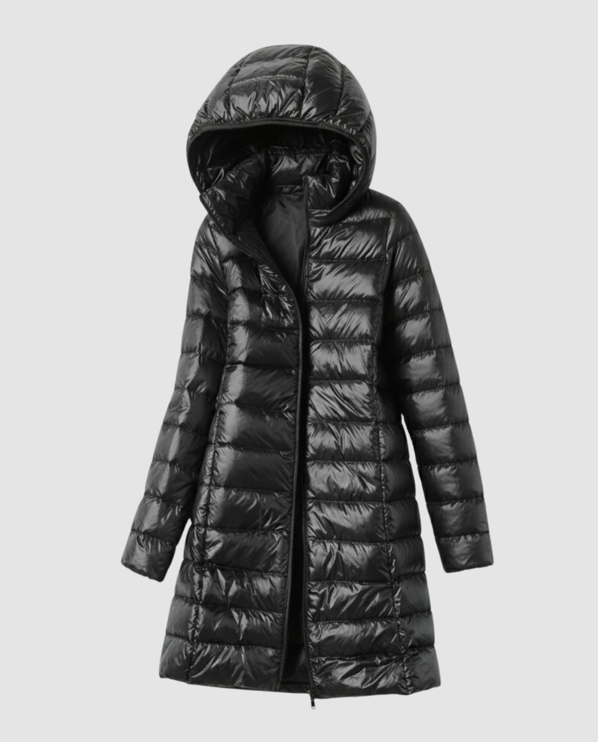Women’s ultra-light down jacket with hood, black, longline full-zip puffer