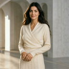 Women’s crossover collar knit sweater in cream, long sleeves