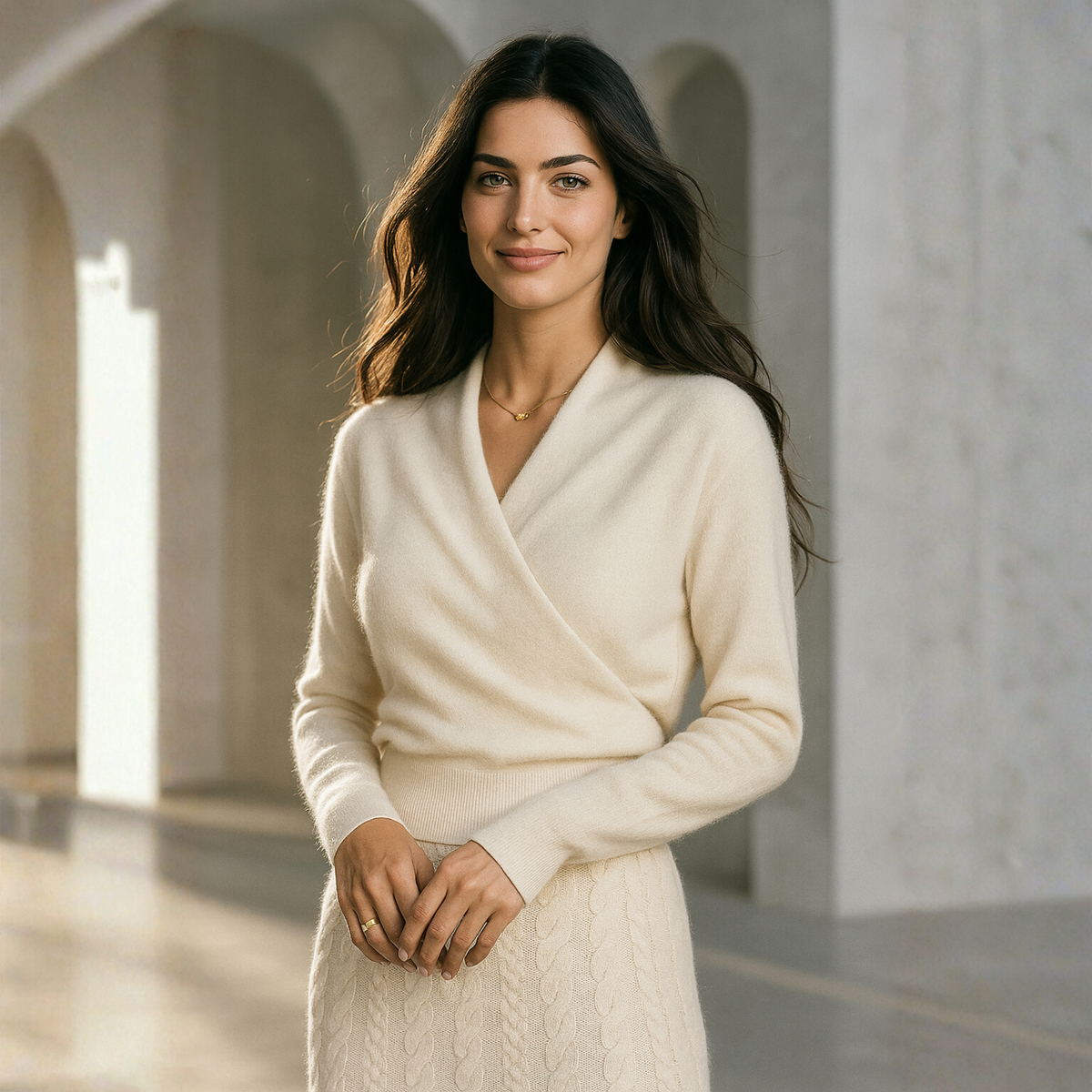 Women’s crossover collar knit sweater in cream, long sleeves