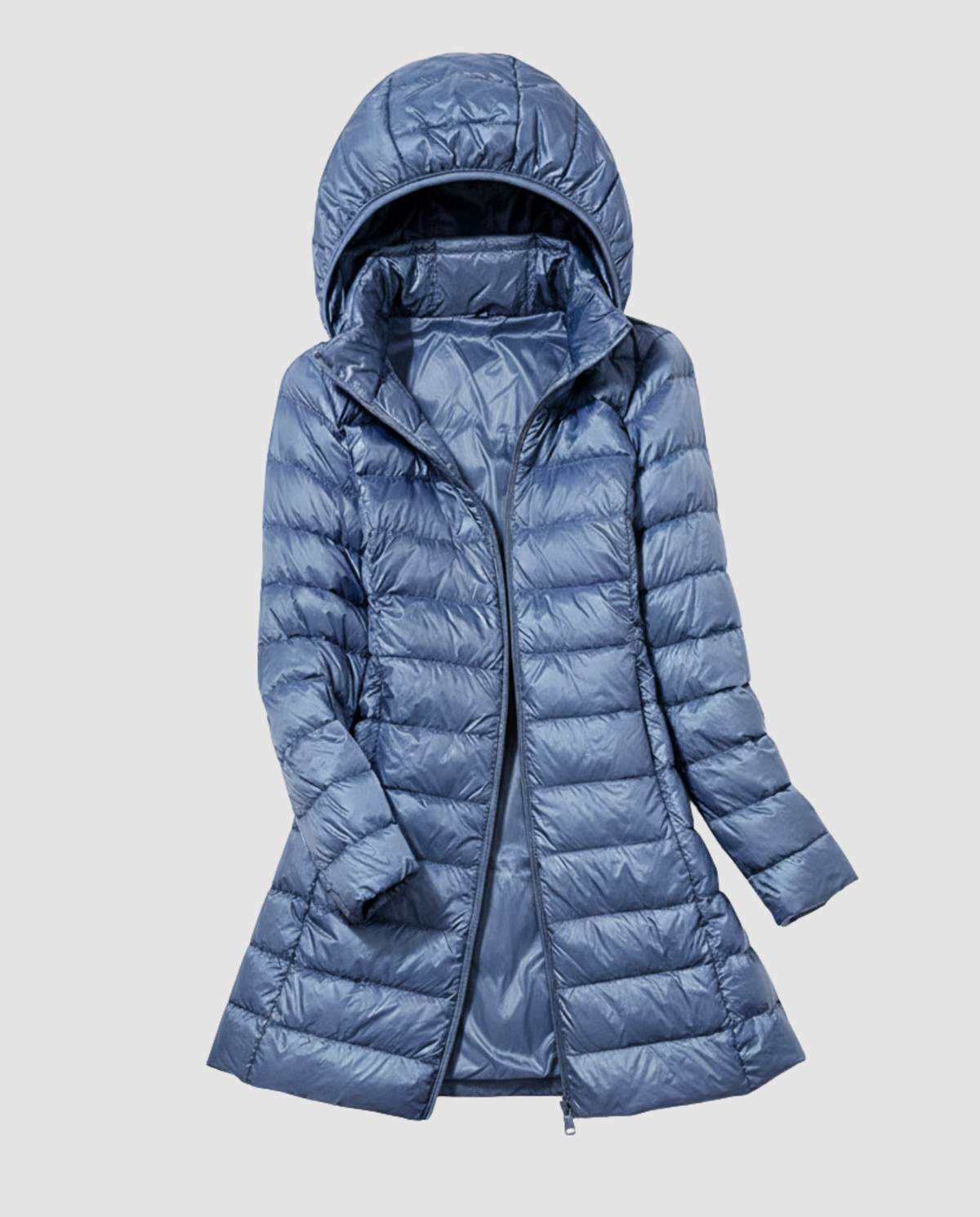 Women’s ultra-light down jacket with hood, light blue, longline full-zip puffer