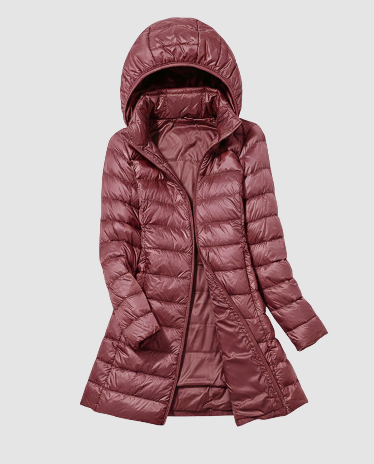 Women’s ultra-light down jacket with hood, dark pink, full-zip front and side pockets