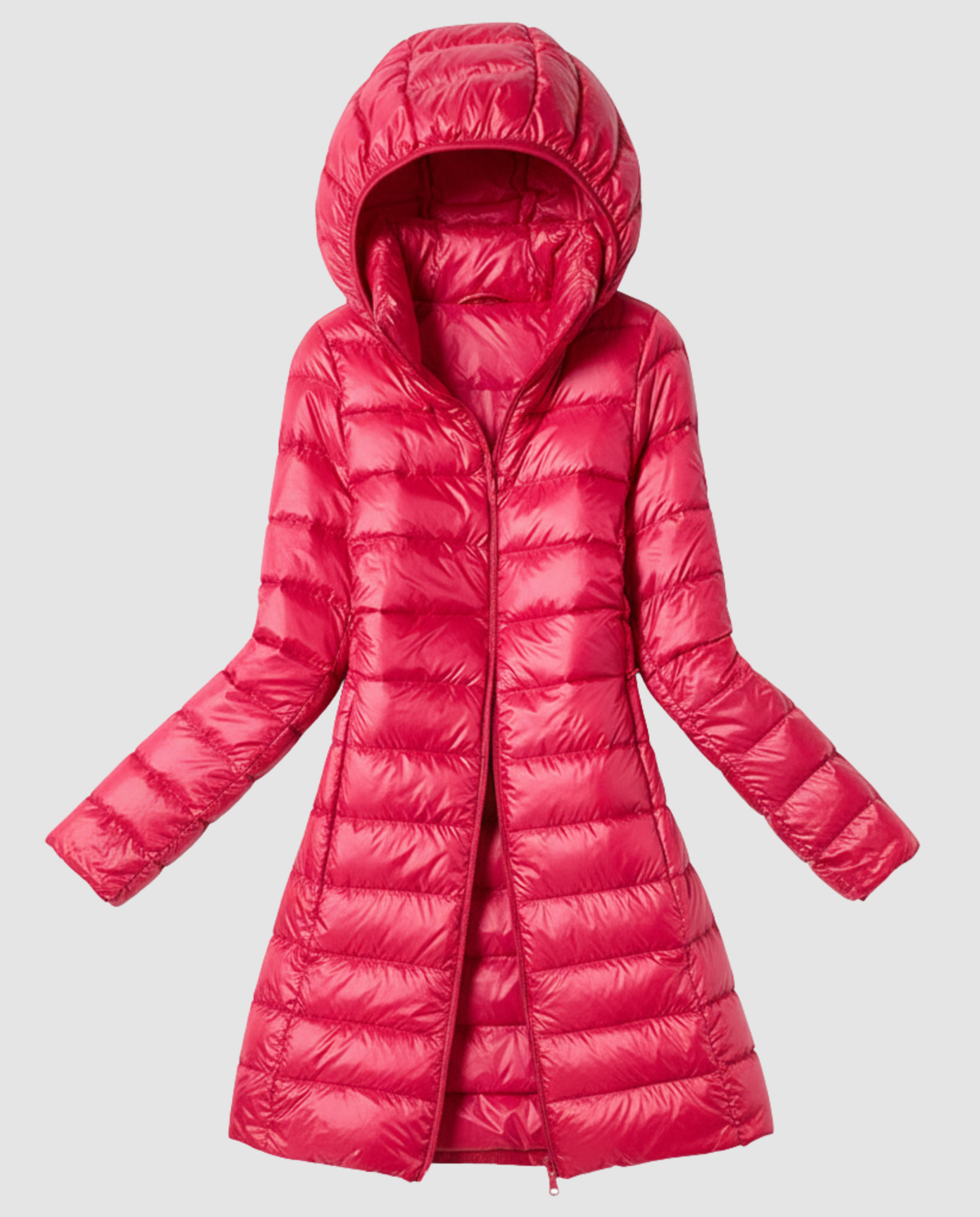 Women’s ultra-light down jacket with hood, red-pink, full-zip longline quilted puffer