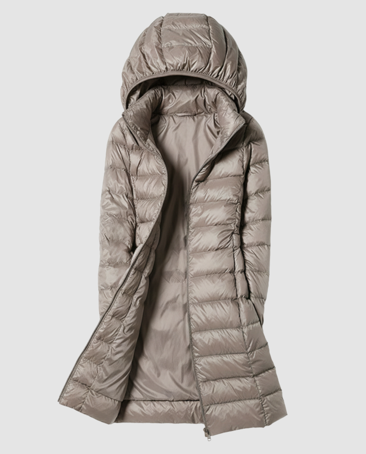 Women’s ultra-light down jacket with hood, beige, longline quilted full-zip puffer