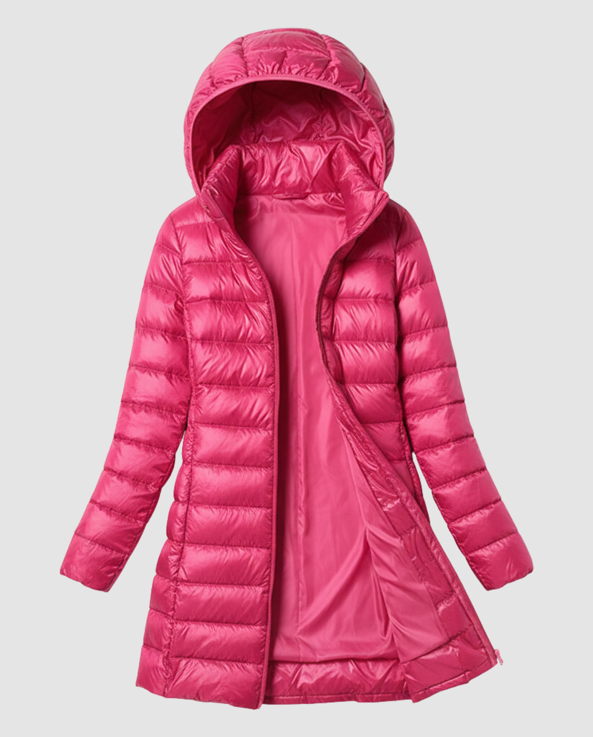 Women’s ultra-light down jacket with hood, bright pink, open hood and zip-front close-up
