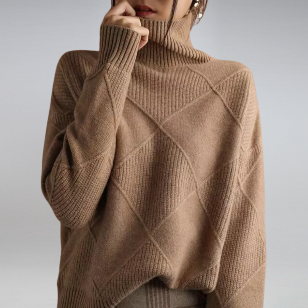 Women’s cashmere turtleneck sweater in camel brown, diamond knit pattern, ribbed cuffs and hem.