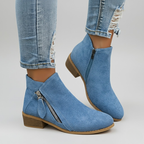 Blue suede zip ankle boots with side zipper, low block heel and pointed toe