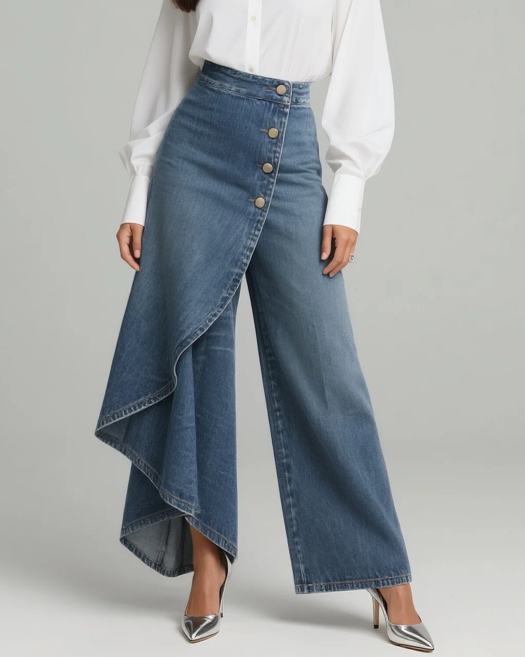 Blue denim wrap trousers with gold buttons and asymmetric side drape, wide-leg fit
