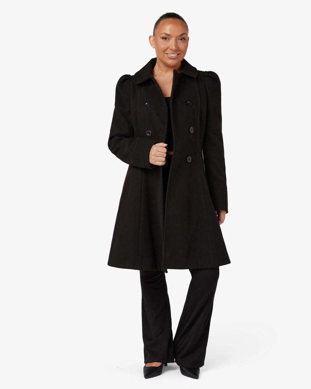 Black double-breasted skater coat with Peter Pan collar and front button detail
