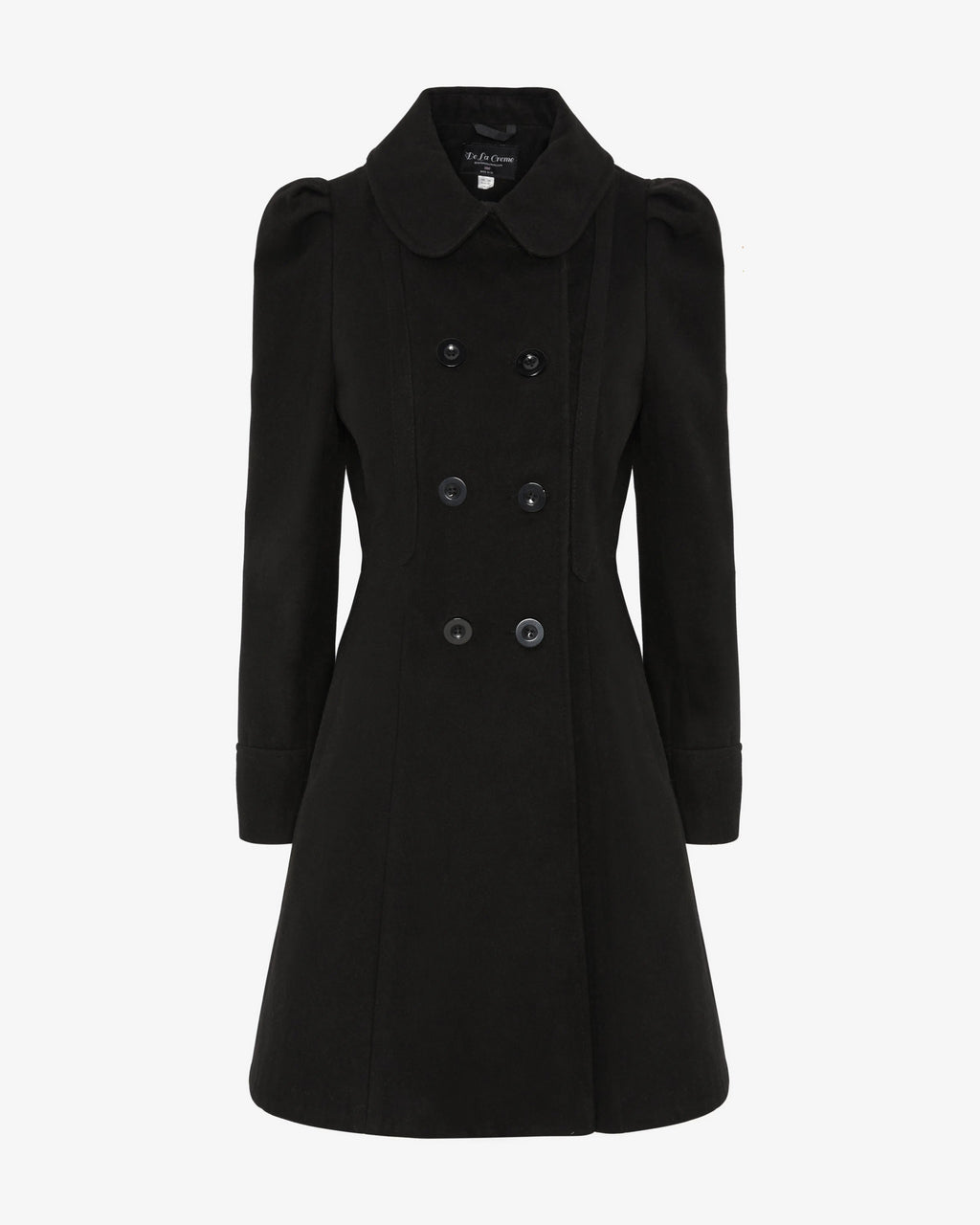 Black double-breasted skater coat, front view; Peter Pan collar and button rows