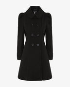 Black double-breasted skater coat, front view; Peter Pan collar and button rows