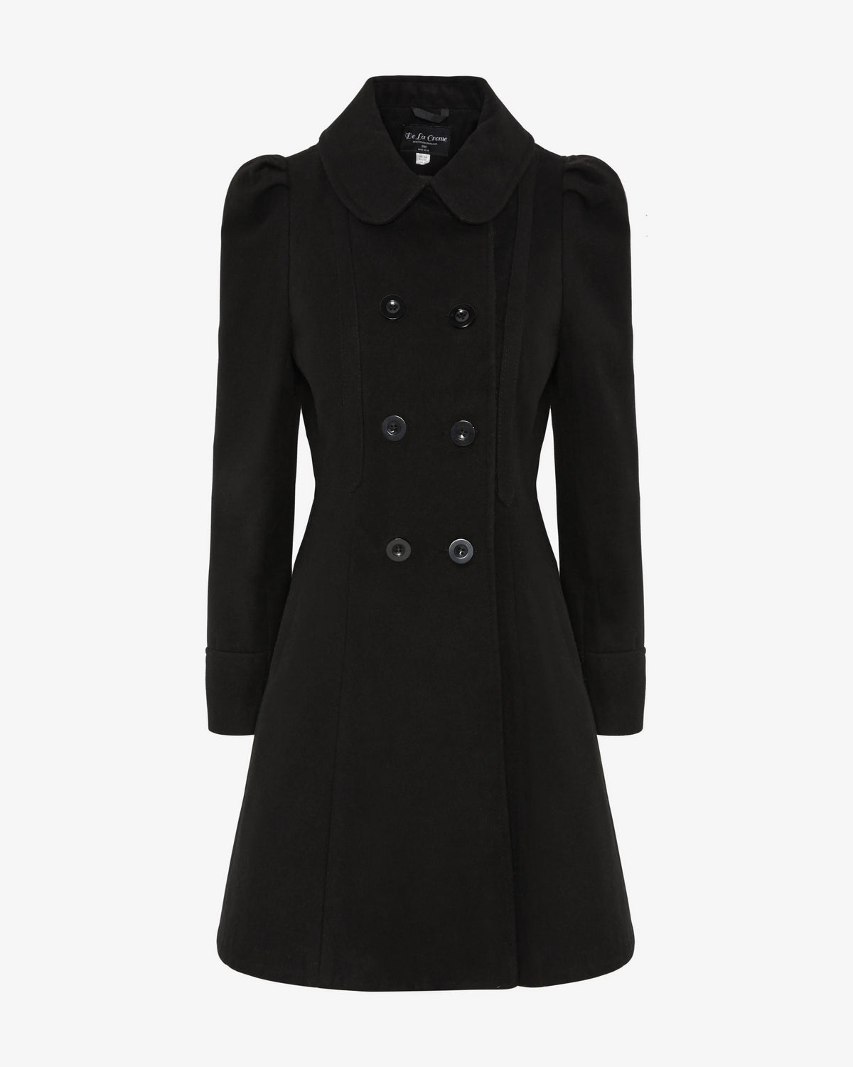 Black double-breasted skater coat, front view; Peter Pan collar and button rows