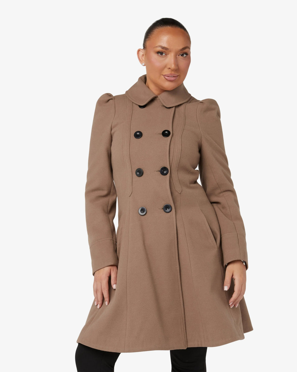 Double-breasted Peter Pan collar skater coat in camel brown, front button detail