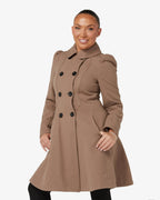 Camel double-breasted skater coat with Peter Pan collar and dark button accents