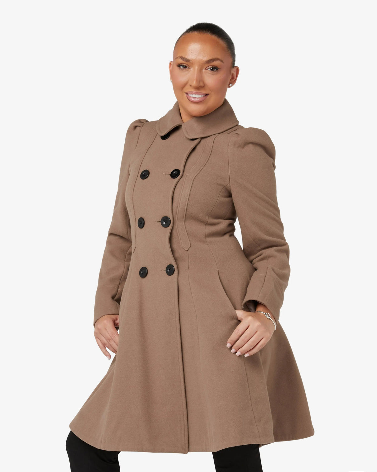 Camel double-breasted skater coat with Peter Pan collar and dark button accents