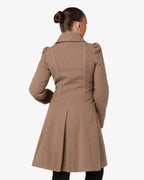Camel double-breasted skater coat, back view with structured seams