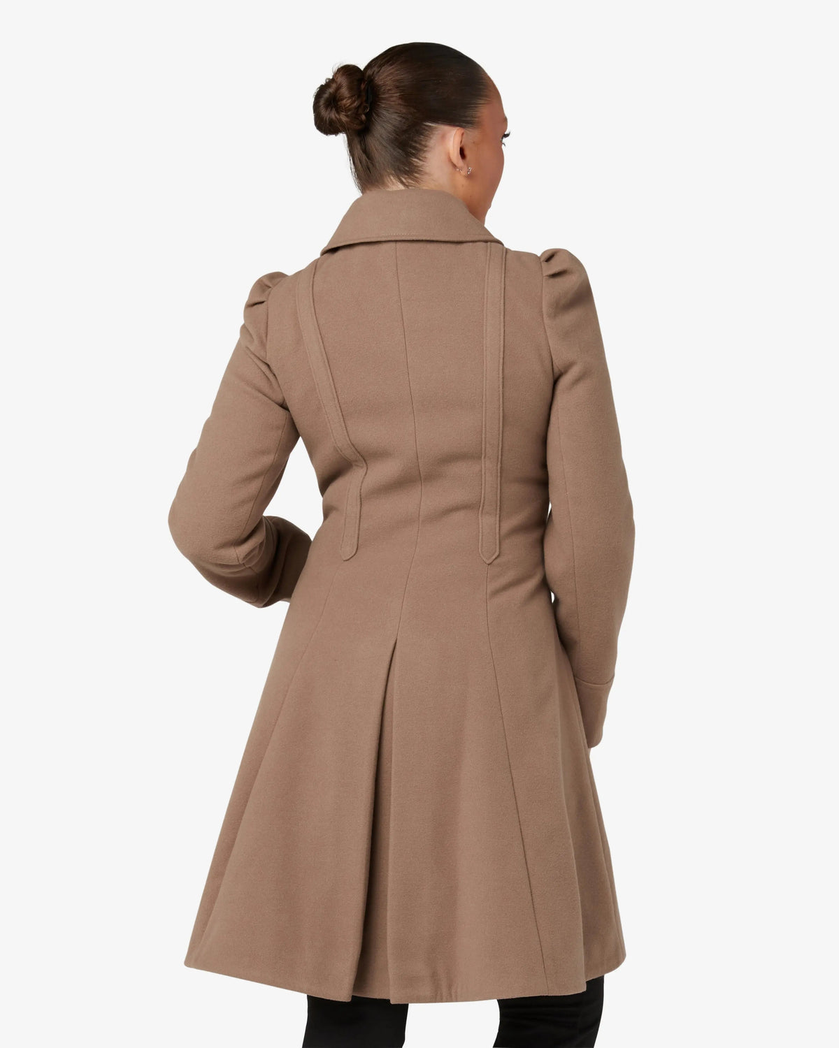 Camel double-breasted skater coat, back view with structured seams