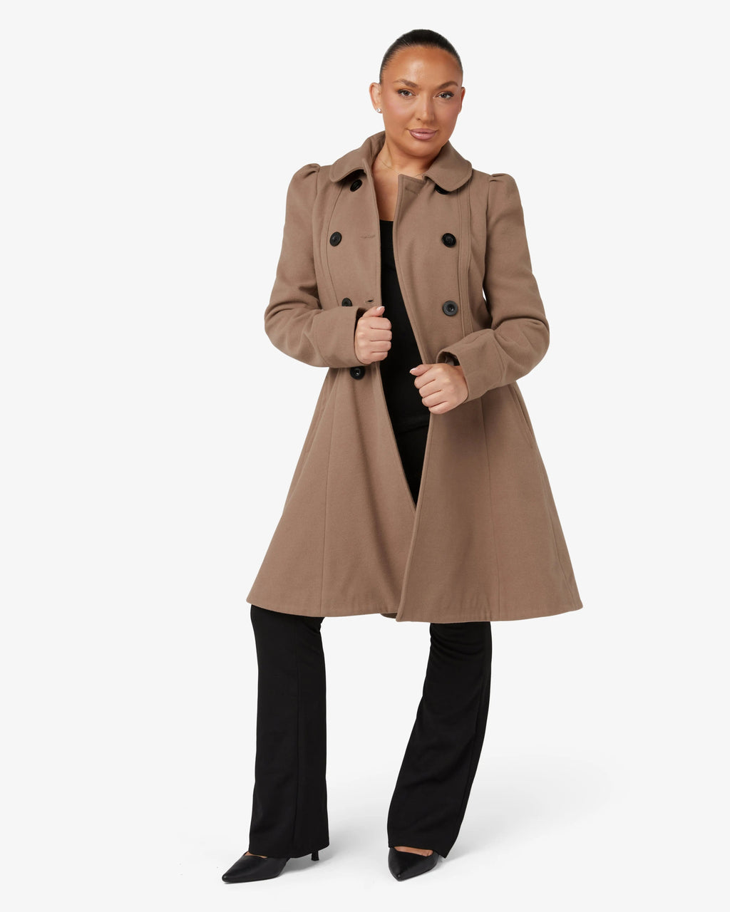 Camel double-breasted skater coat, front view; Peter Pan collar and button detail