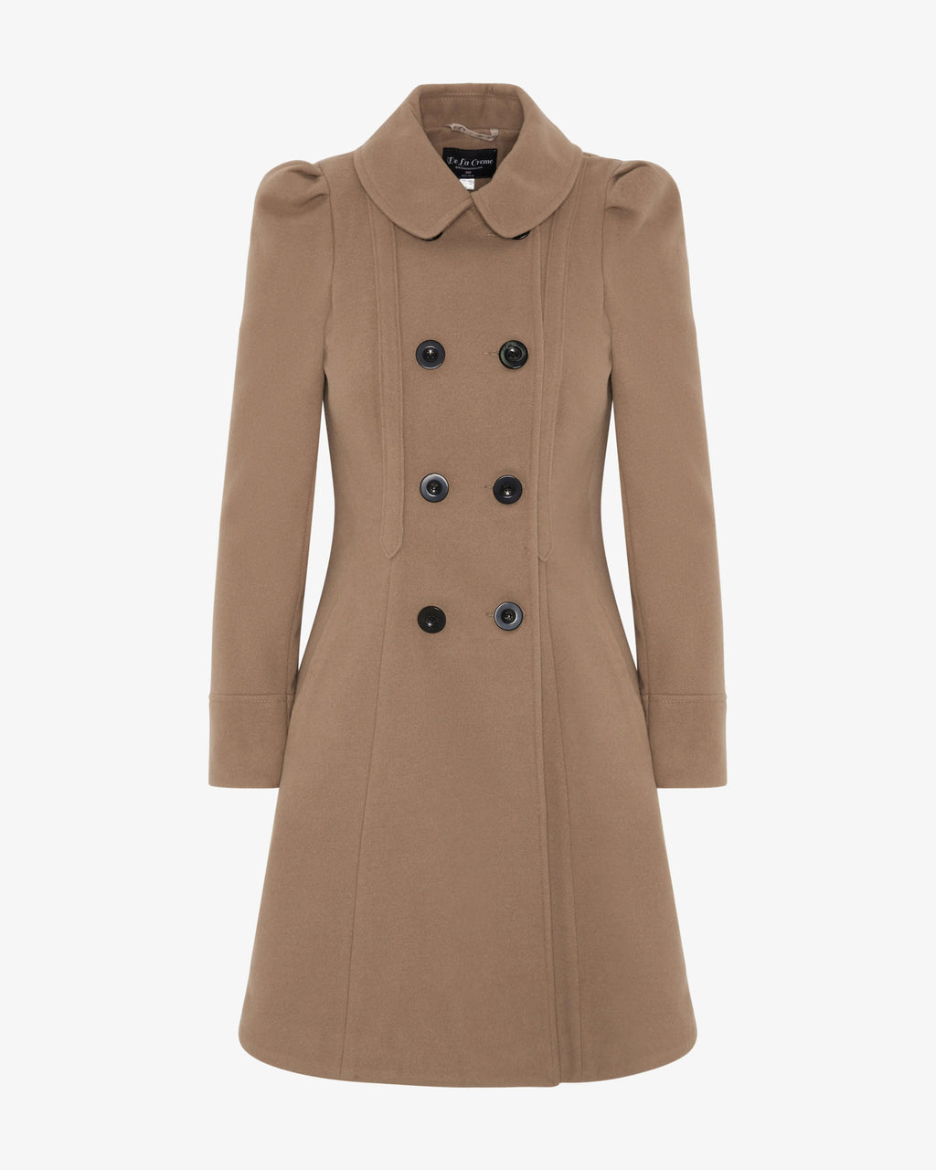 Camel double-breasted skater coat, front view with Peter Pan collar and button rows