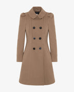 Camel double-breasted skater coat, front view with Peter Pan collar and button rows