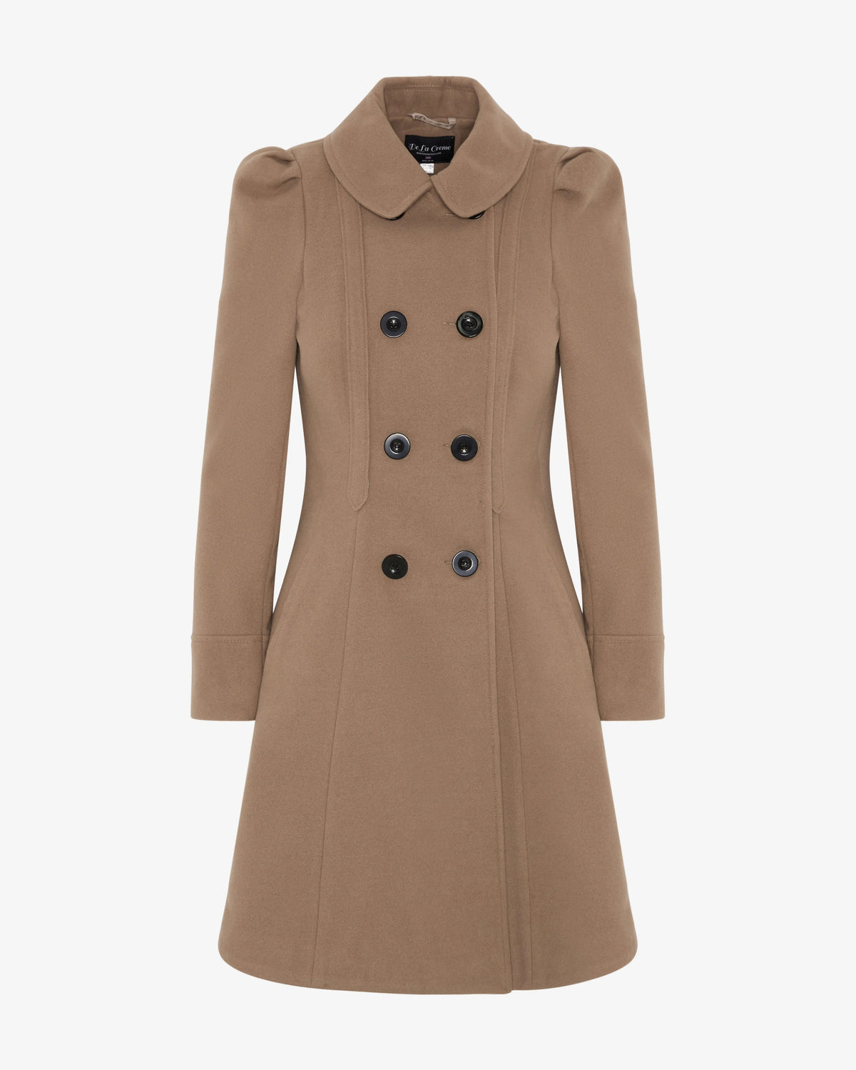 Camel double-breasted skater coat, front view with Peter Pan collar and button rows